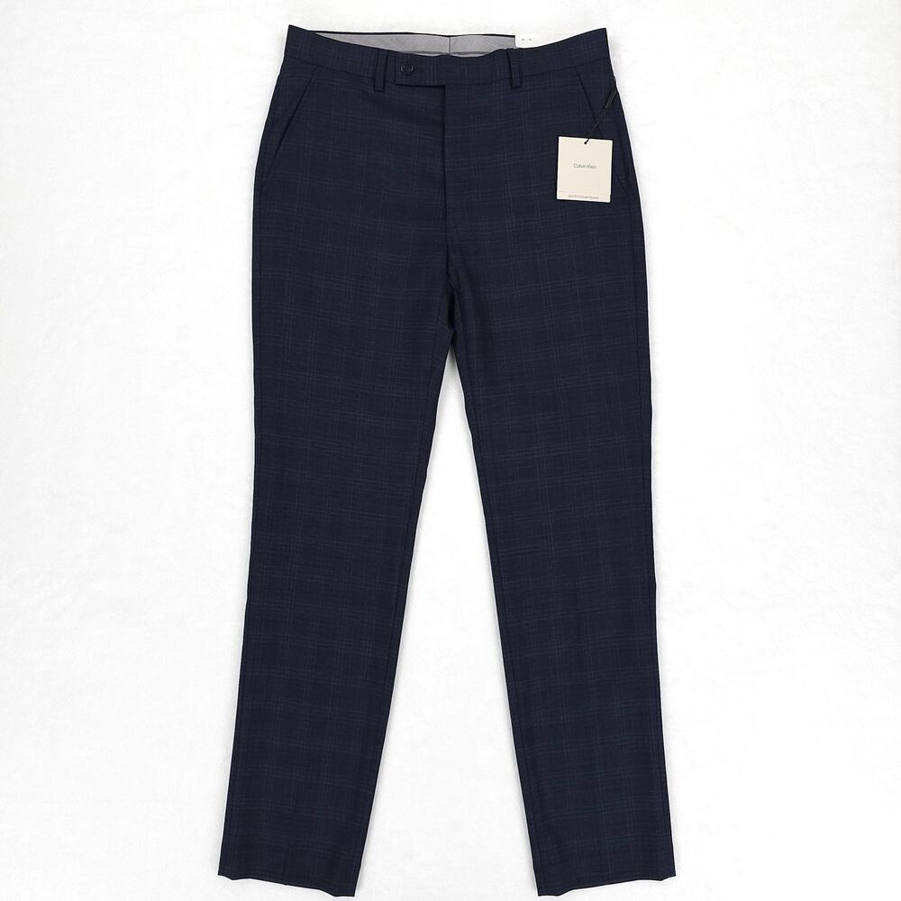 Calvin Klein Mens Slim Fit Suit Pants 32x32 Navy Blue Plaid Stretch Wool Blend